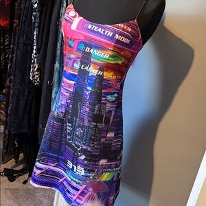 Dolls Kill Neon Cityscape Y2K Inspired Cyberpunk Gaming Slip Dress Size S